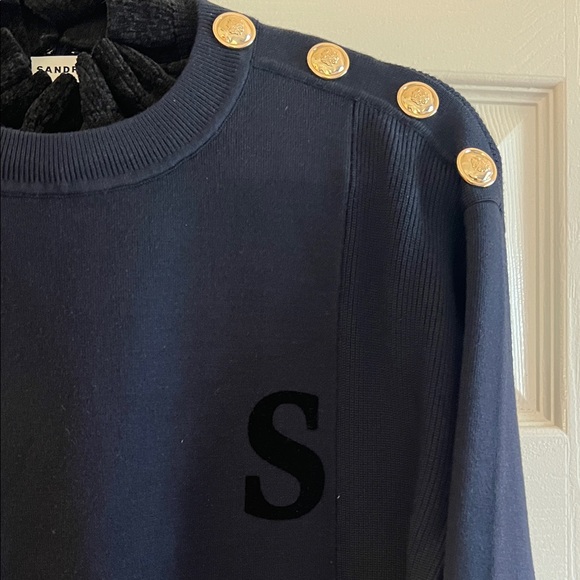 Sandro Navy Sweater with Gold Button Accents and a Black Chenille Collar - Picture 2 of 4